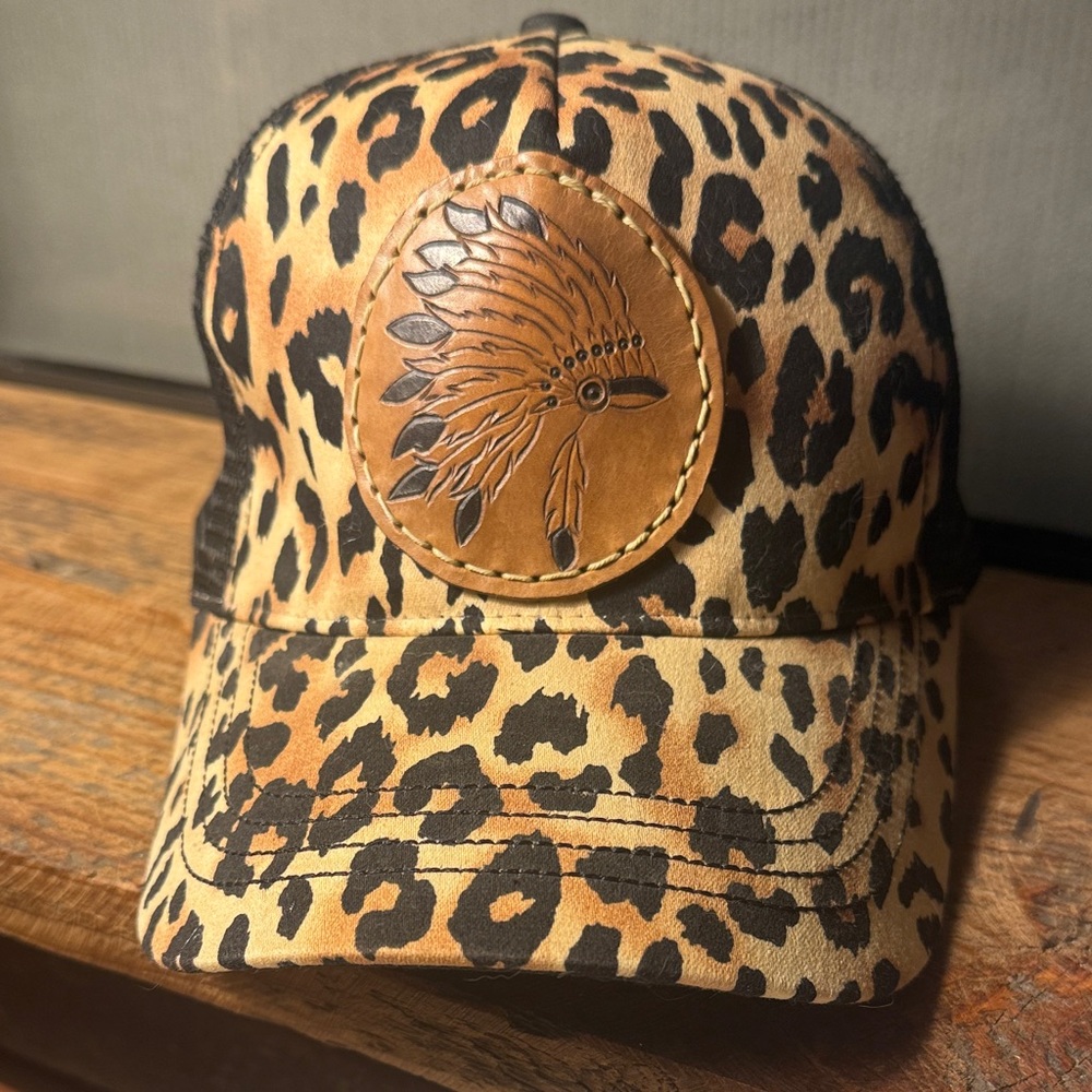 Leopard Print Cap with hand stitched leather patch.